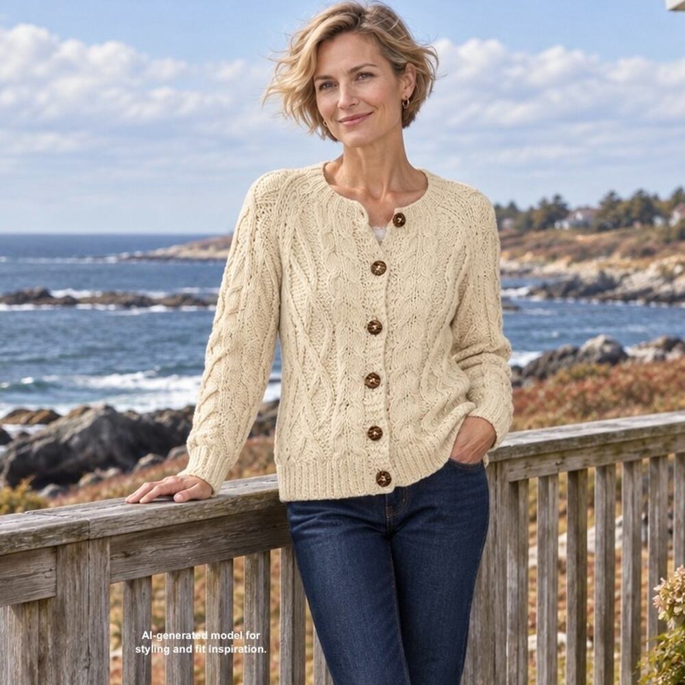 Woodward & Lothrop 70s Italian Wool Fisherman Cable Cardigan Ivory Women's US S